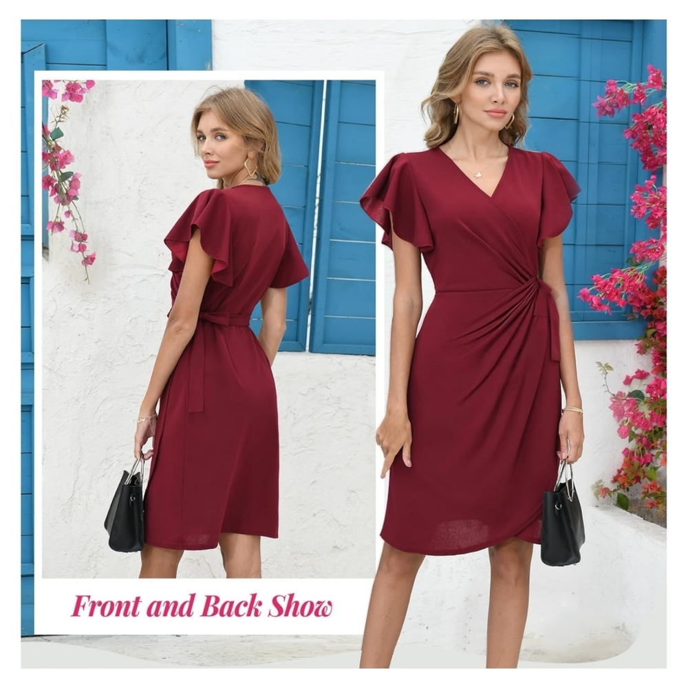 NWT G&Y Dark Green V Ruched Tie Waist Wrap Short Sleeve Cocktail Midi Dress XL - Picture 2 of 15